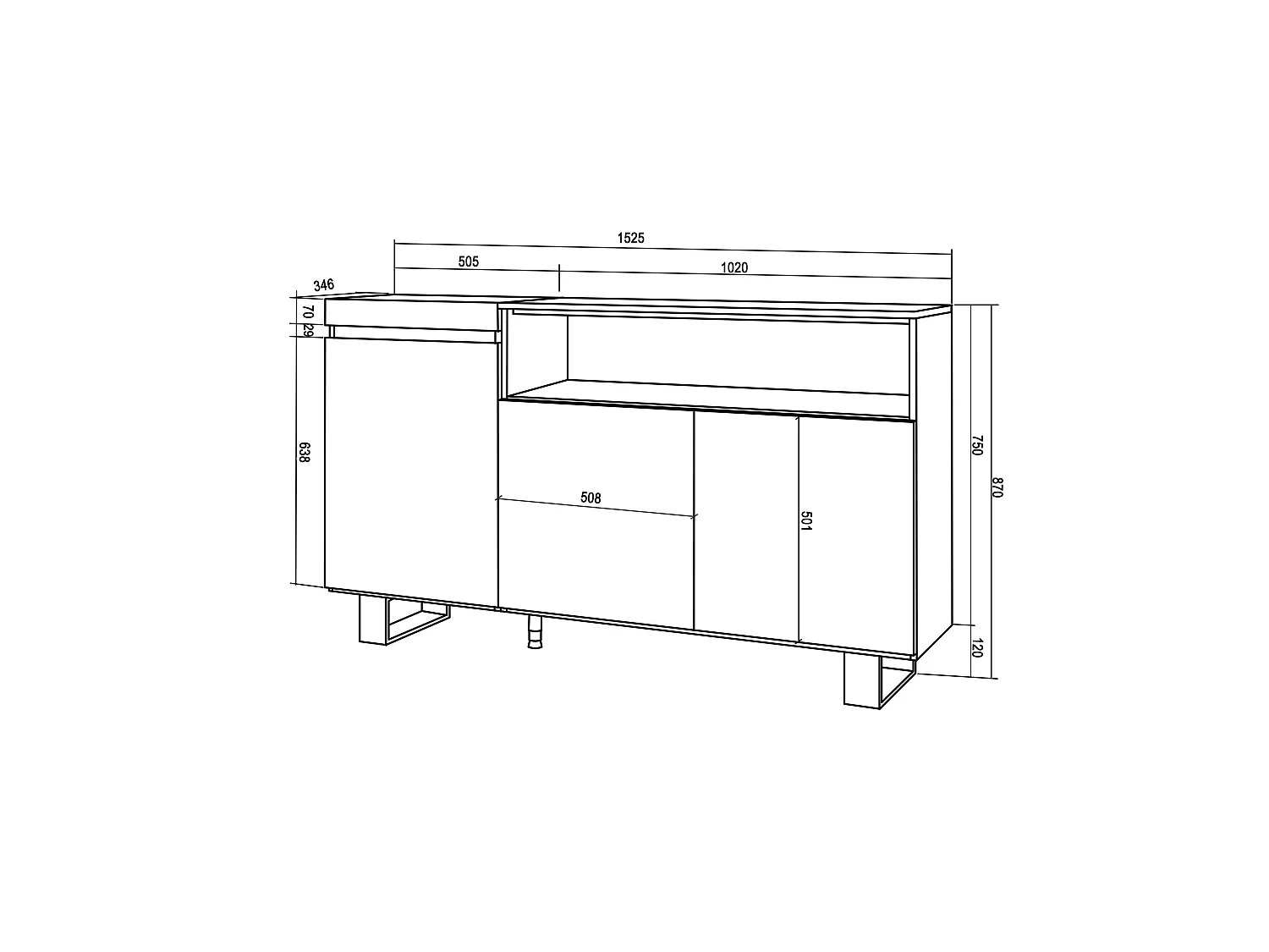 Buffet salon et cuisine, 150x35x87cm, 3 Portes, Design industriel, Chêne et noir
