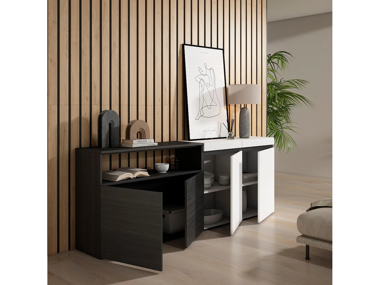 Sideboard, Highboard, 200x35x75cm, 4 Türen, Wohnzimmer, Küche, Weiß und Schwarz