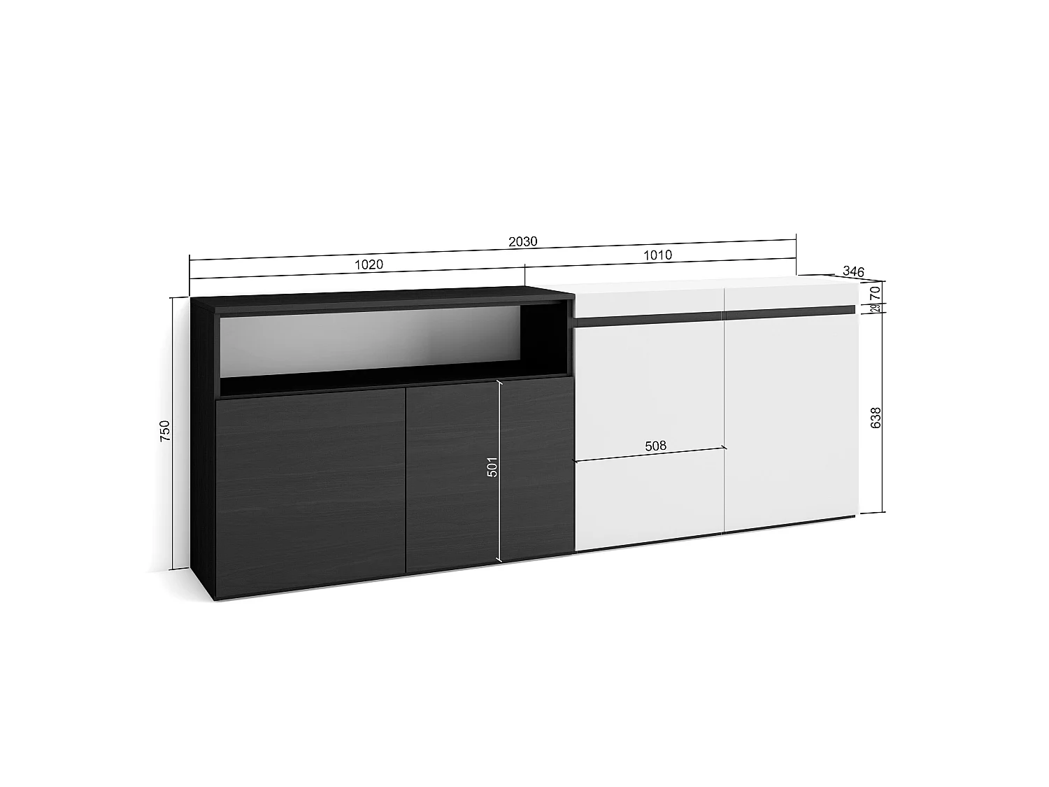 Sideboard, Highboard, 200x35x75cm, 4 Türen, Wohnzimmer, Küche, Weiß und Schwarz