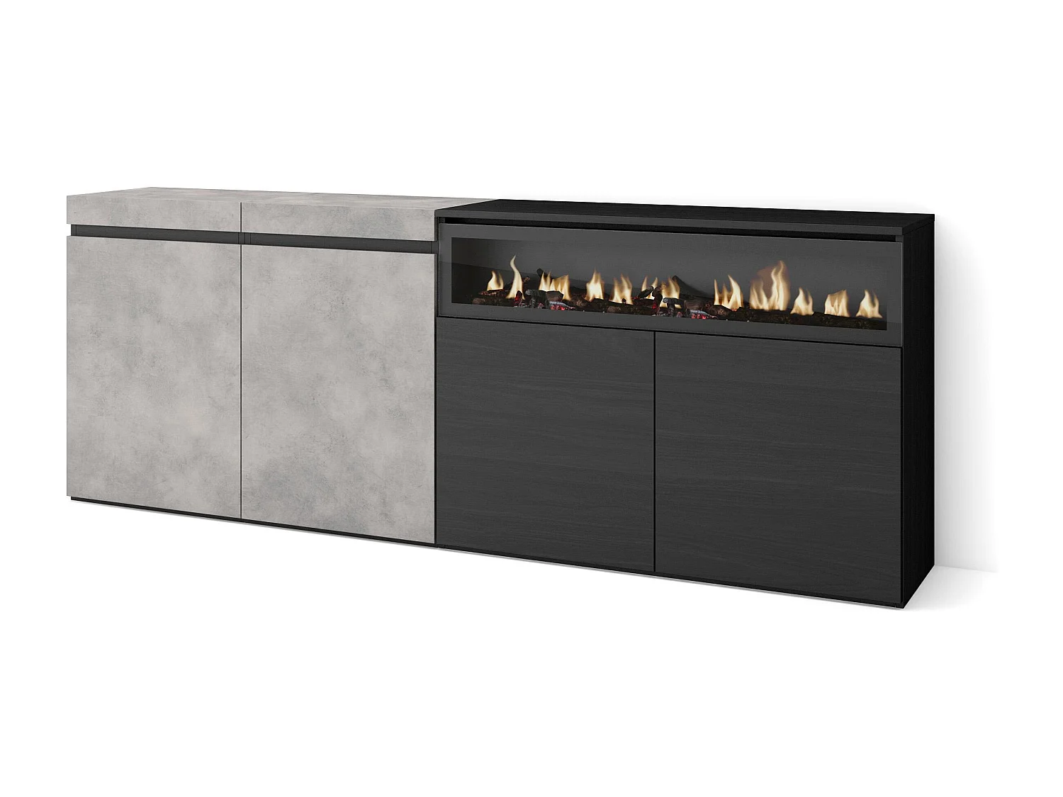 Dressoir, Opbergkast, 200x75x35cm, 4 Deuren, Elektrische haard, Cement