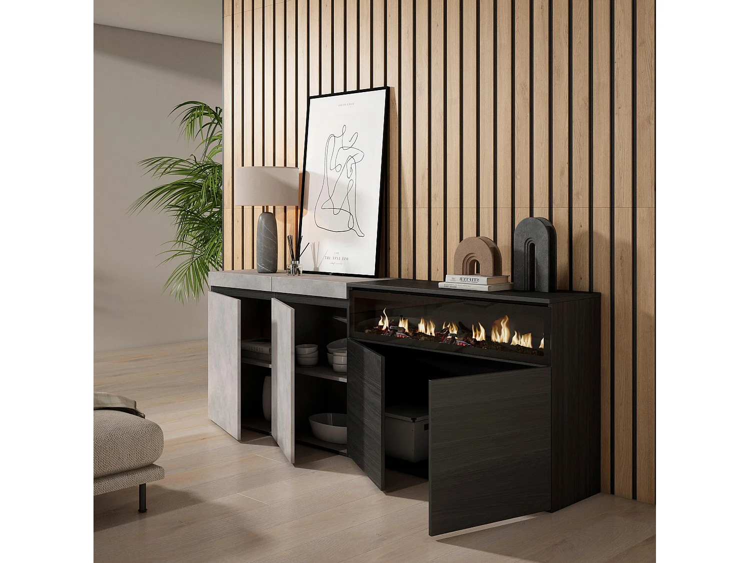 Dressoir, Opbergkast, 200x75x35cm, 4 Deuren, Elektrische haard, Cement