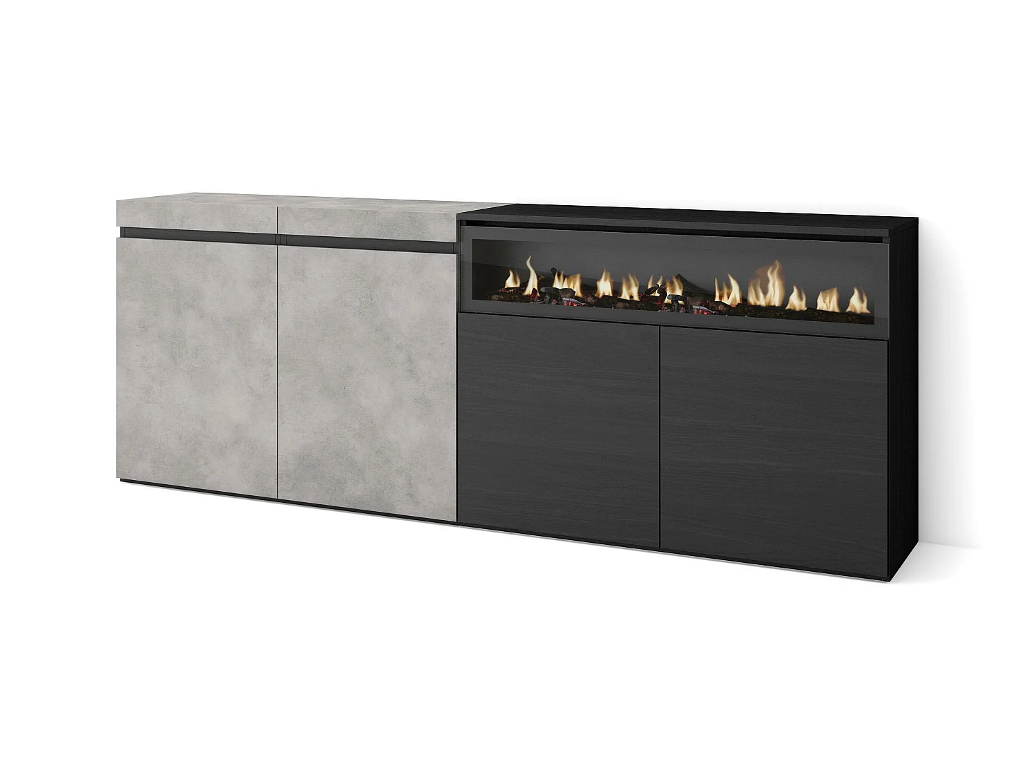 Buffet salon et cuisine, 200x75x35cm, 4 Portes, Cheminée électrique, Ciment