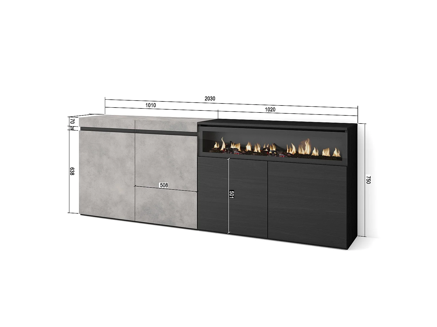 Aparadores para salón, 200x35x75cm, 4 Puertas, Chimenea eléctrica, Cemento
