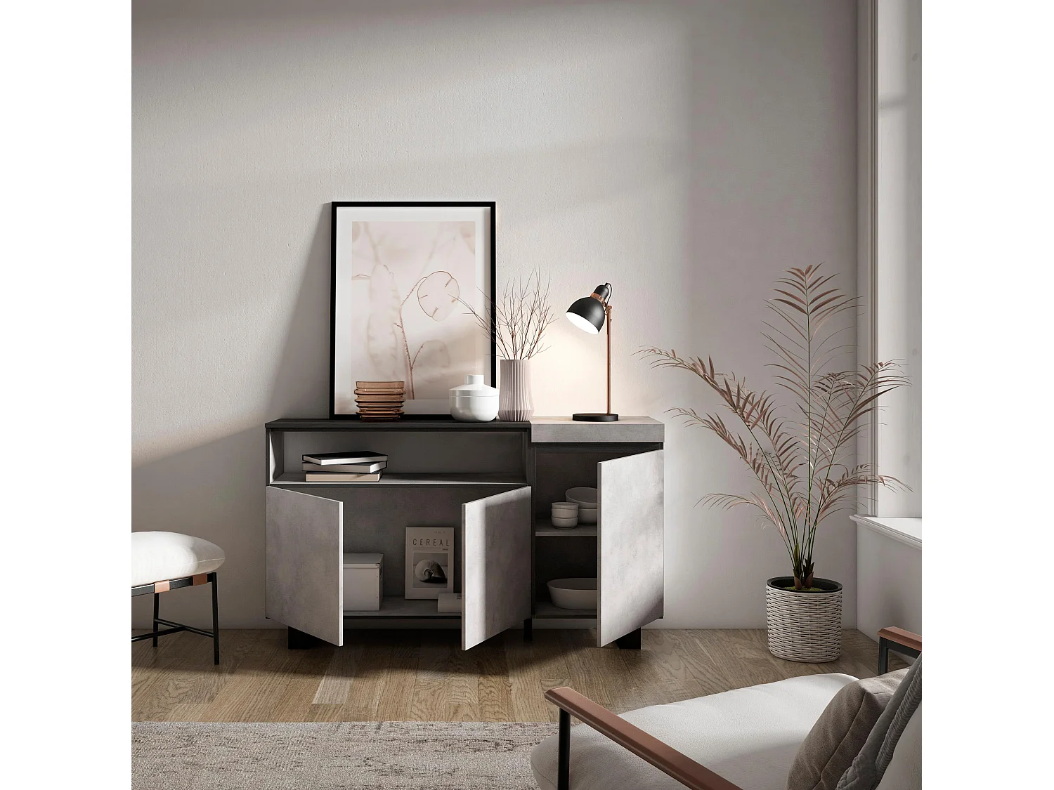 Buffet salon et cuisine, 150x35x87cm, 3 Portes, Design industriel, Ciment