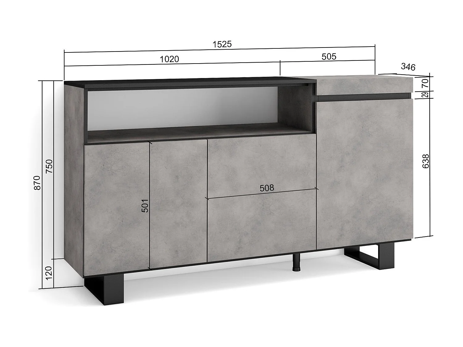 Buffet salon et cuisine, 150x35x87cm, 3 Portes, Design industriel, Ciment