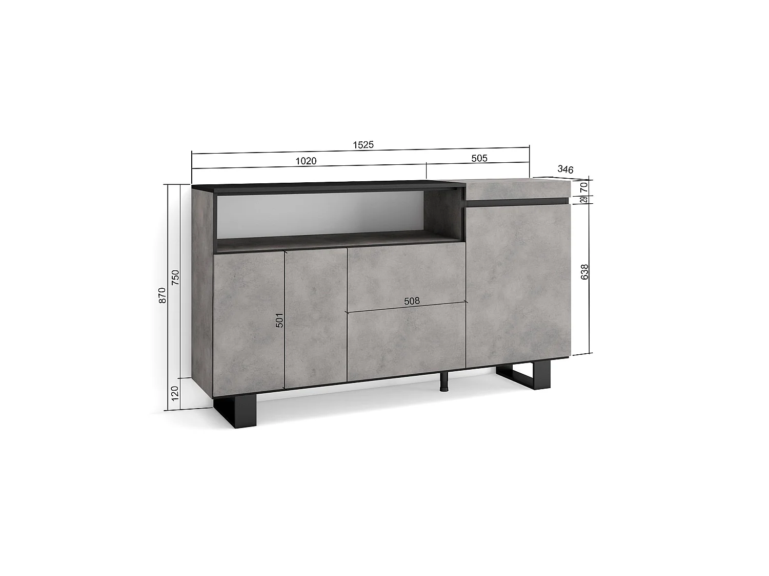 Buffet salon et cuisine, 150x35x87cm, 3 Portes, Design industriel, Ciment