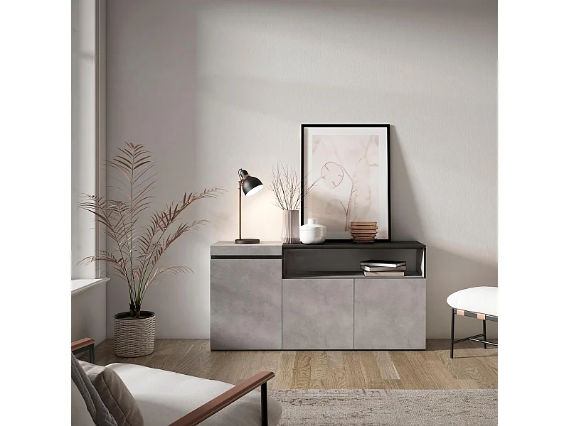 Buffet salon et cuisine, 150x35x75cm, 3 Portes, Meuble chaussure, Ciment