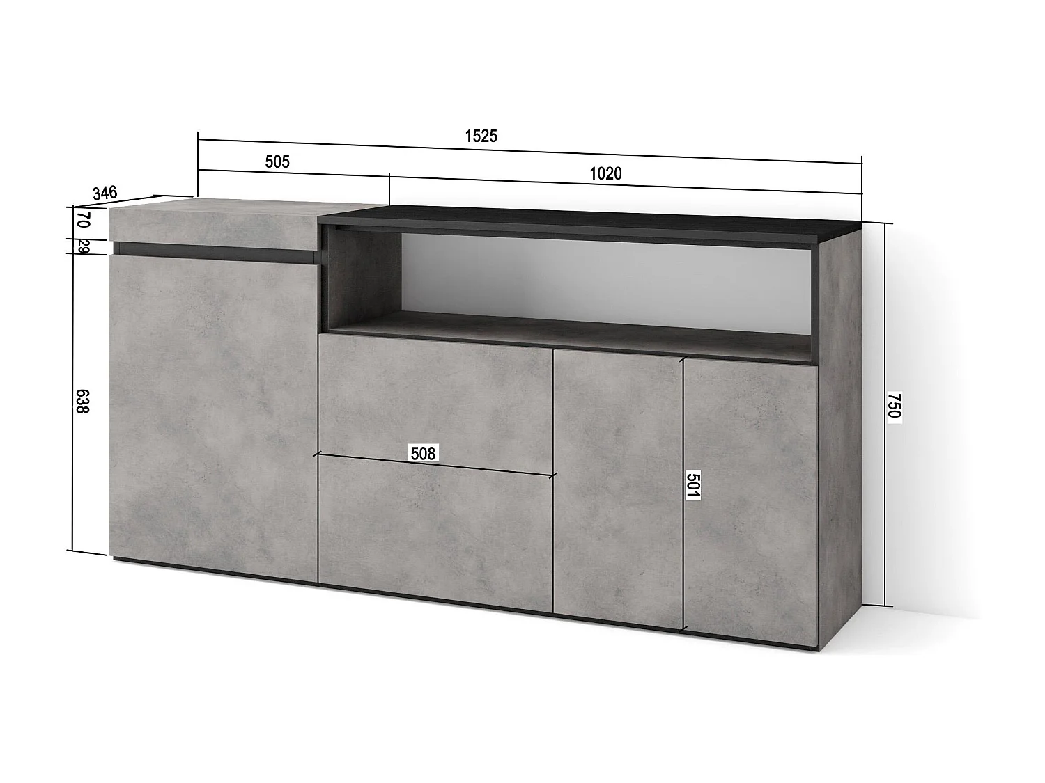 Buffet salon et cuisine, 150x35x75cm, 3 Portes, Meuble chaussure, Ciment