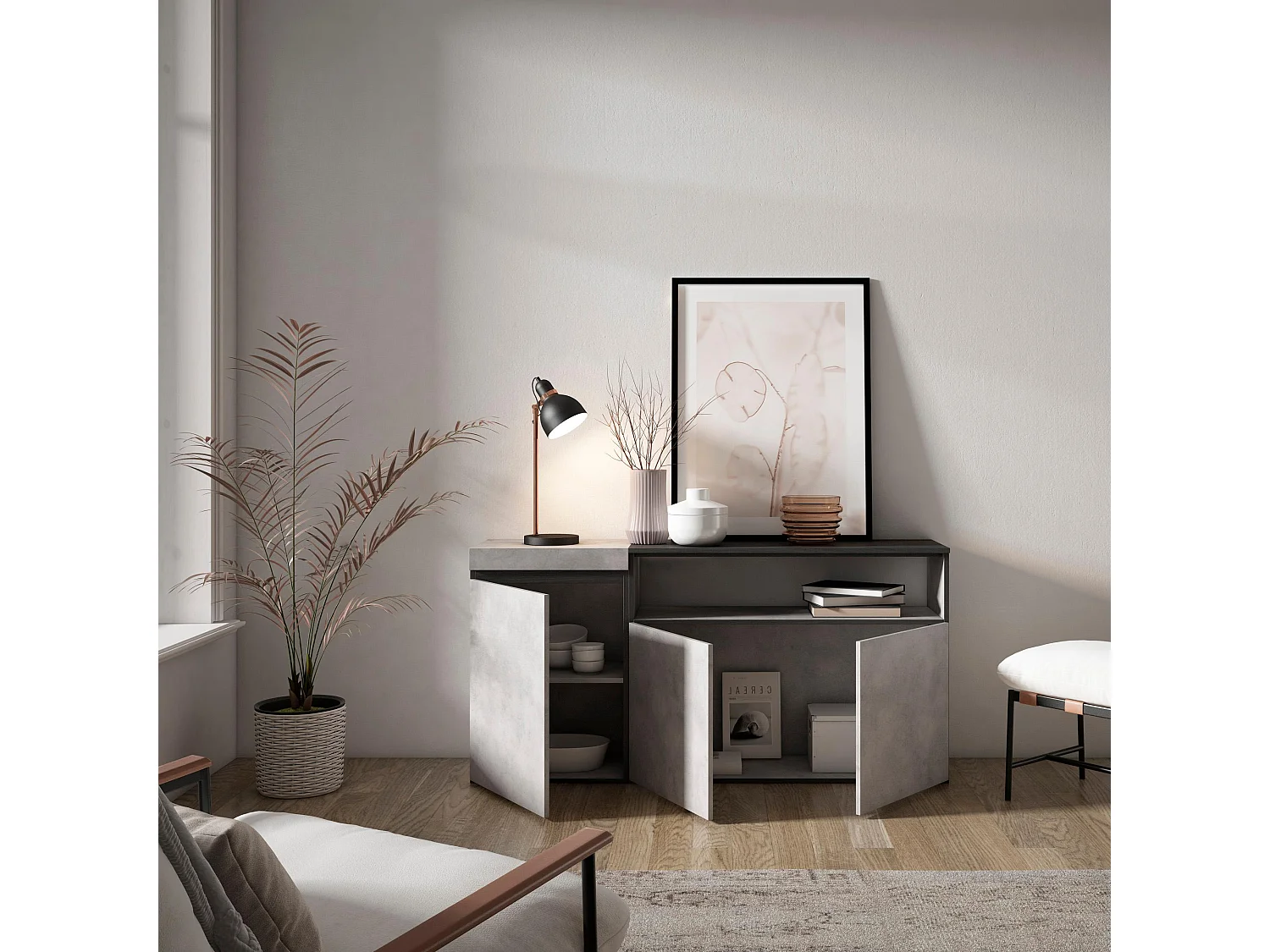 Aparadores para salón, 150x35x75cm, 3 Puertas, Armario, zapatero, Cemento