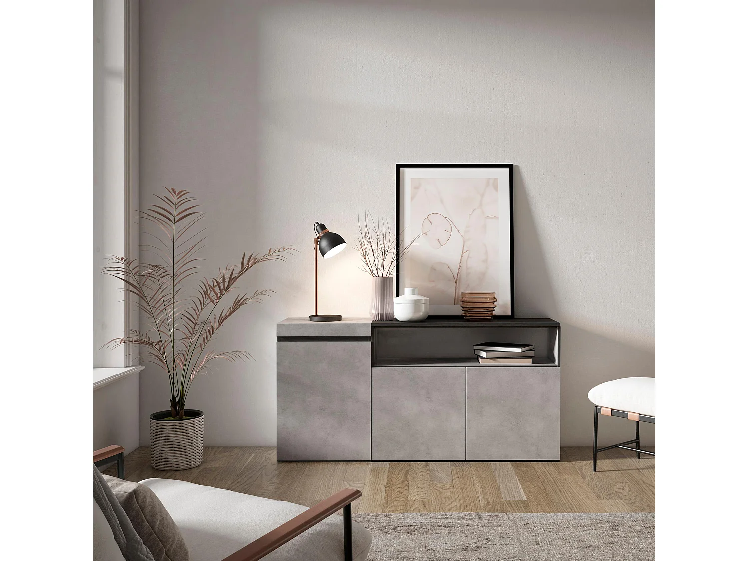 Buffet salon et cuisine, 150x35x75cm, 3 Portes, Meubles à chaussures, Ciment