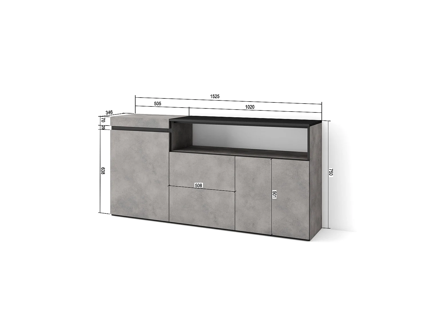 Buffet salon et cuisine, 150x35x75cm, 3 Portes, Meubles à chaussures, Ciment