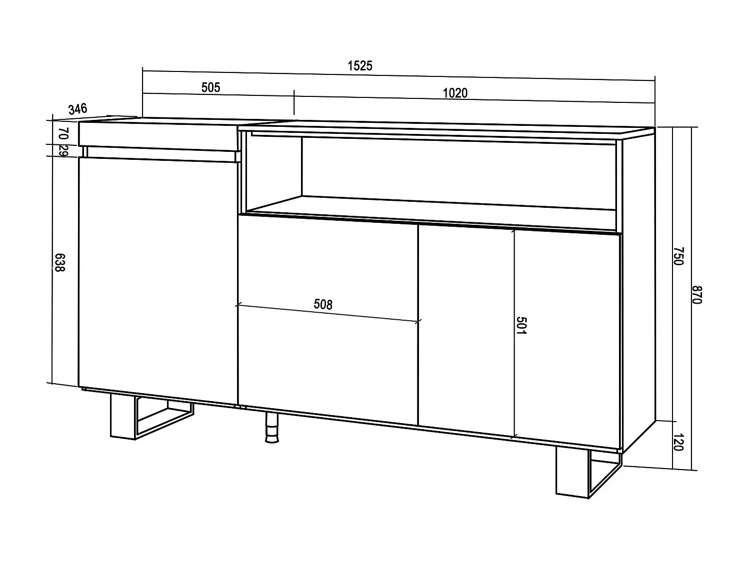 Dressoir, Opbergkast, 150x35x87cm, 3 Deuren, Industrieel design, Cement