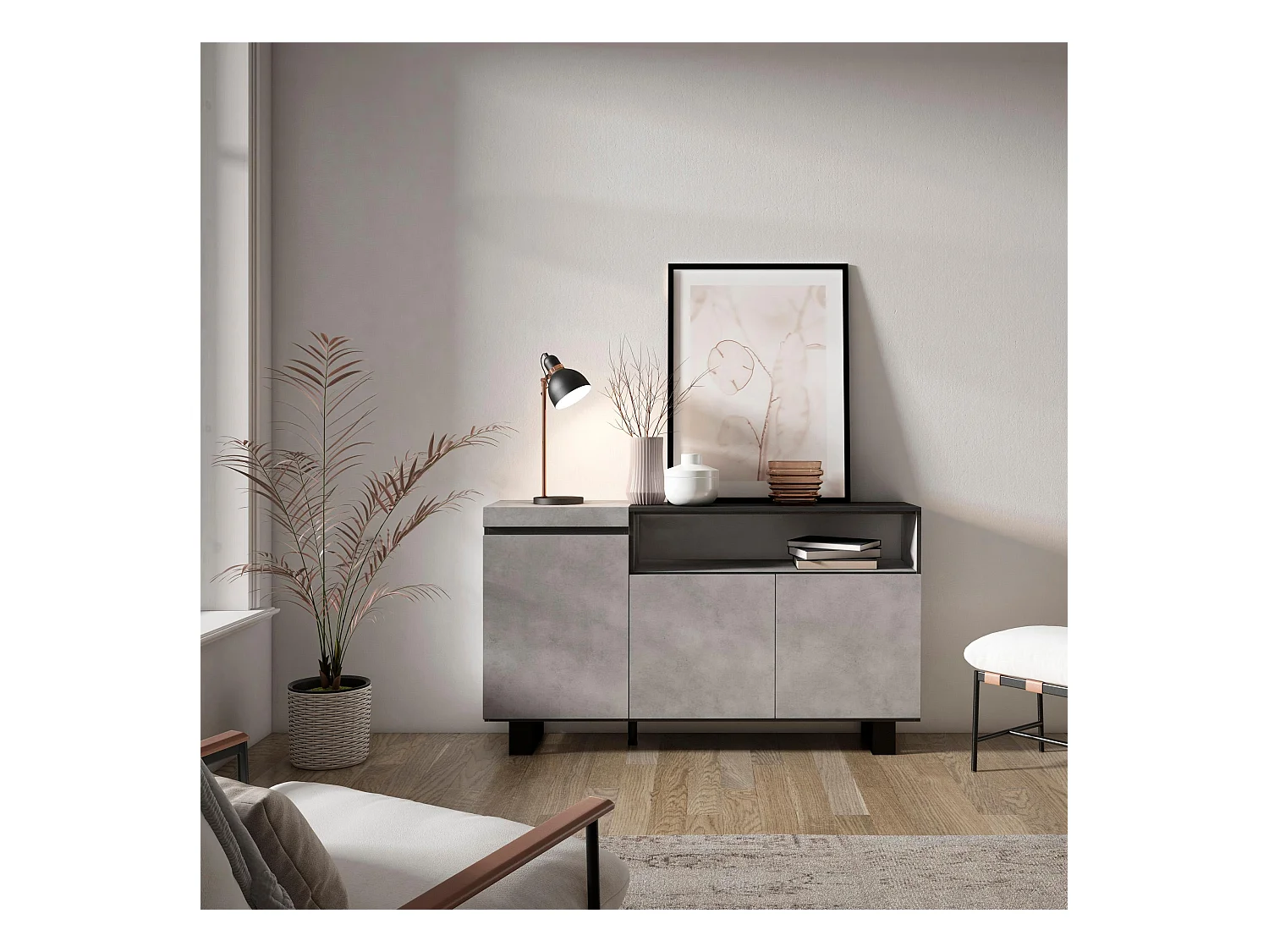 Buffet salon et cuisine, 150x35x87cm, 3 Portes, Design industriel, Ciment