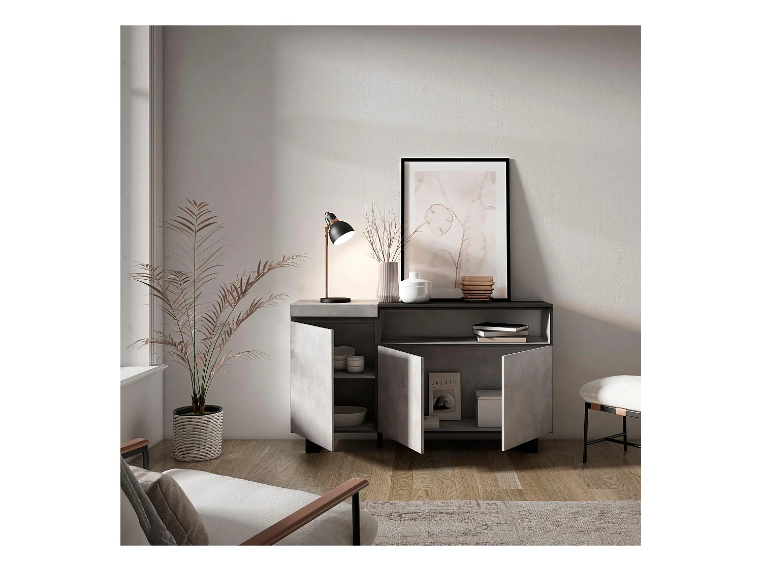 Buffet salon et cuisine, 150x35x87cm, 3 Portes, Design industriel, Ciment