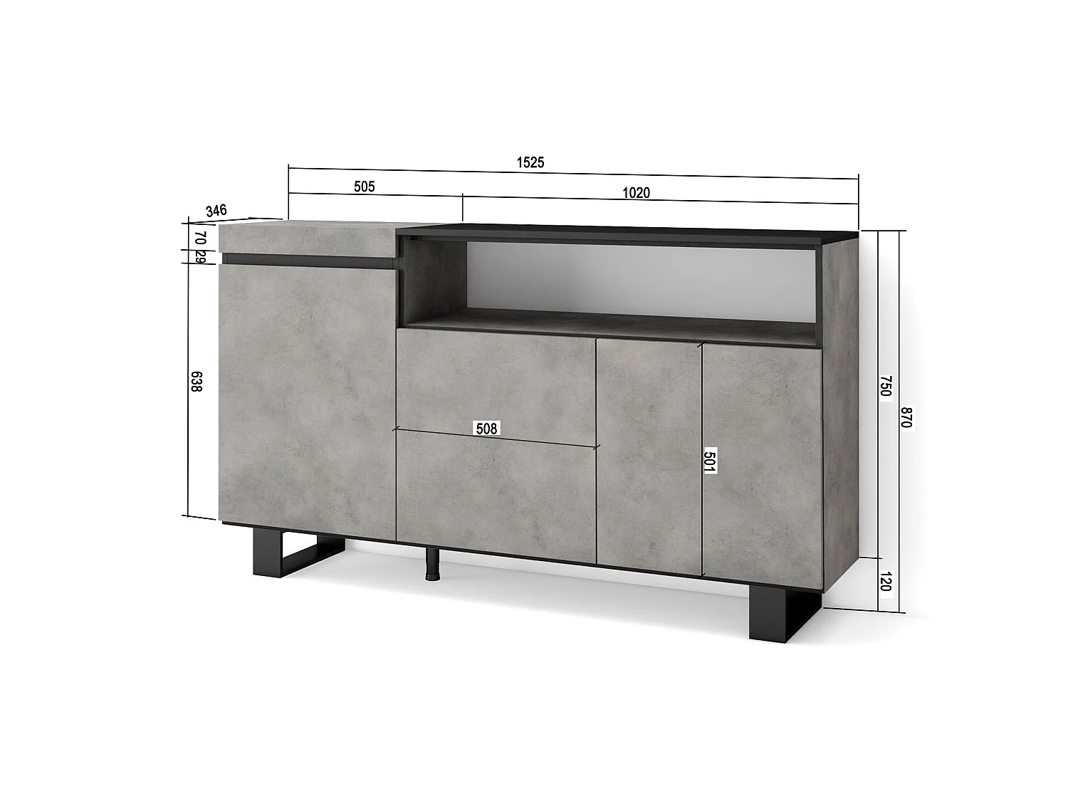 Buffet salon et cuisine, 150x35x87cm, 3 Portes, Design industriel, Ciment