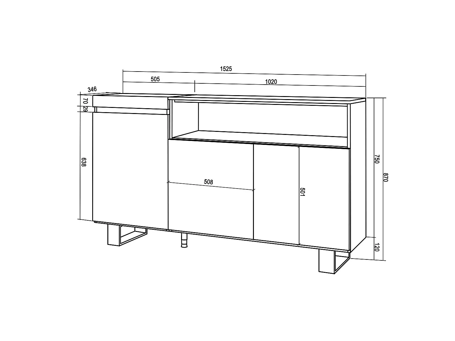 Buffet salon et cuisine, 150x35x87cm, 3 Portes, Design industriel, Ciment
