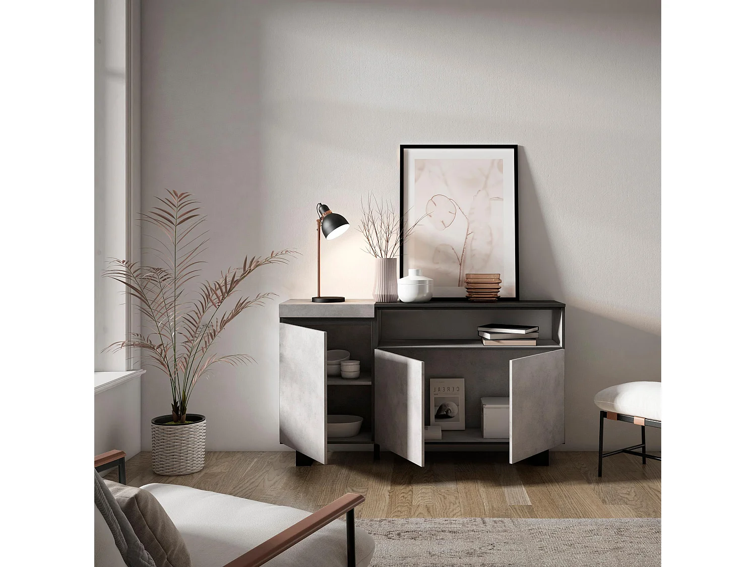 Aparadores para salón, 150x35x87cm, 3 Puertas, Diseño industrial, Cemento