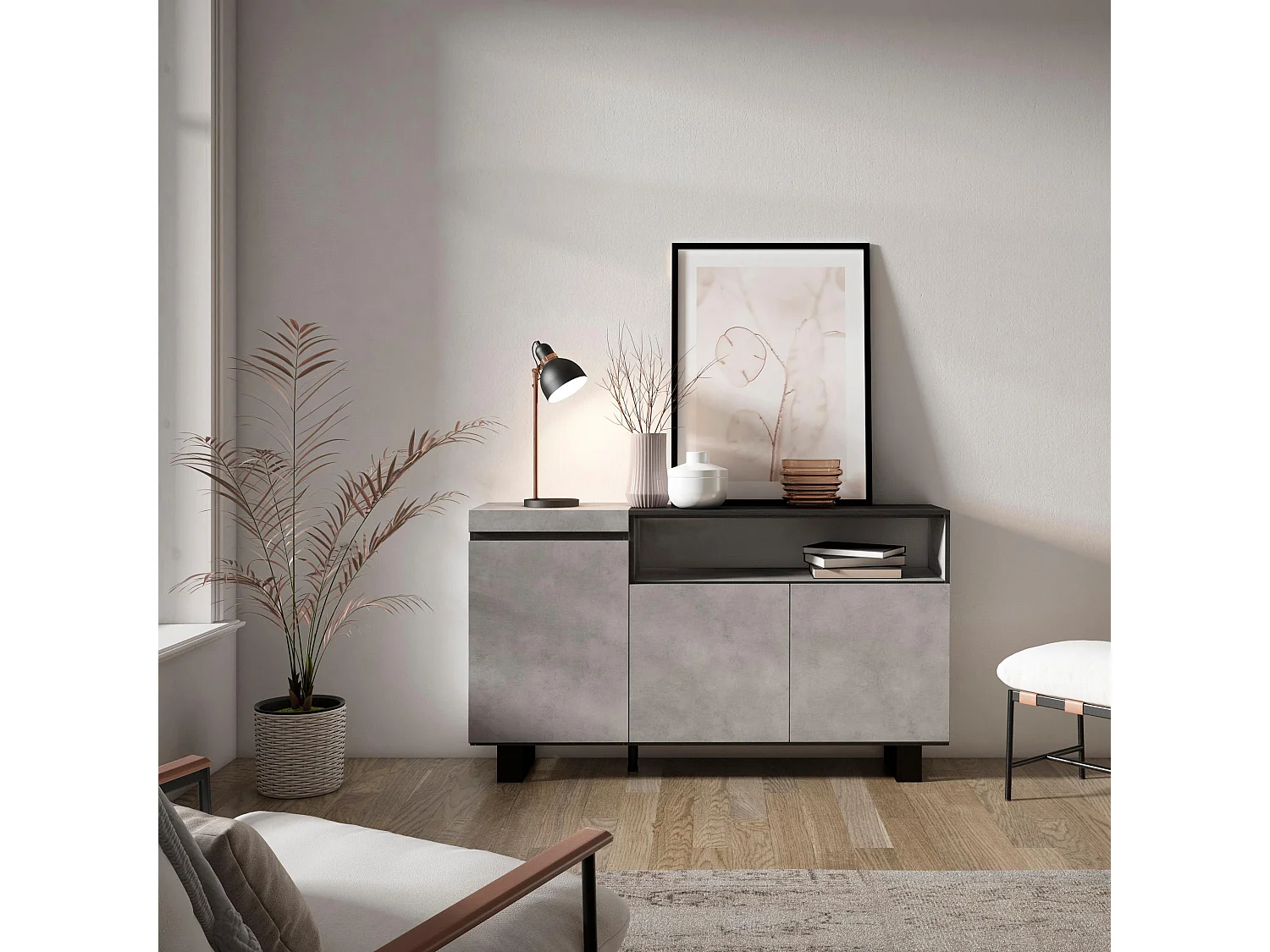 Aparadores para salón, 150x35x87cm, 3 Puertas, Diseño industrial, Cemento