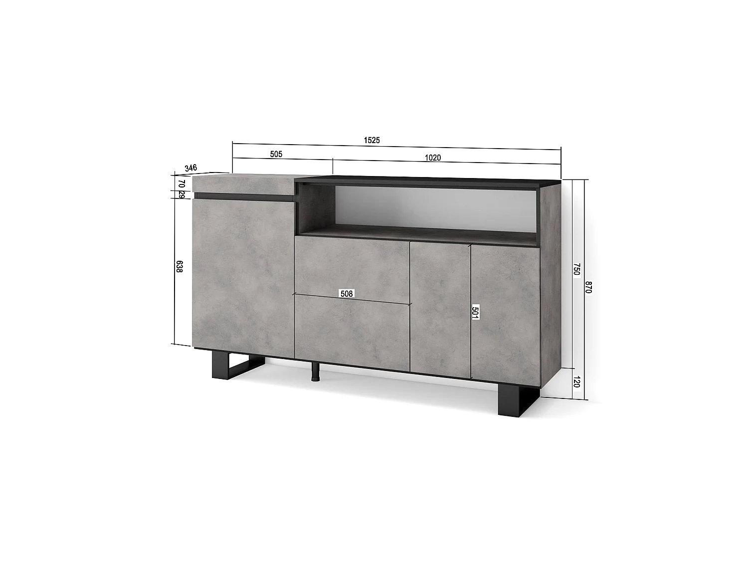 Aparadores para salón, 150x35x87cm, 3 Puertas, Diseño industrial, Cemento