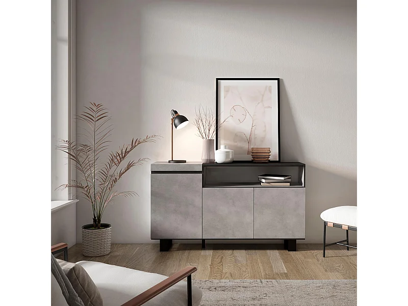 Aparadores para salón, 150x35x87cm, 3 Puertas, Diseño industrial, Cemento