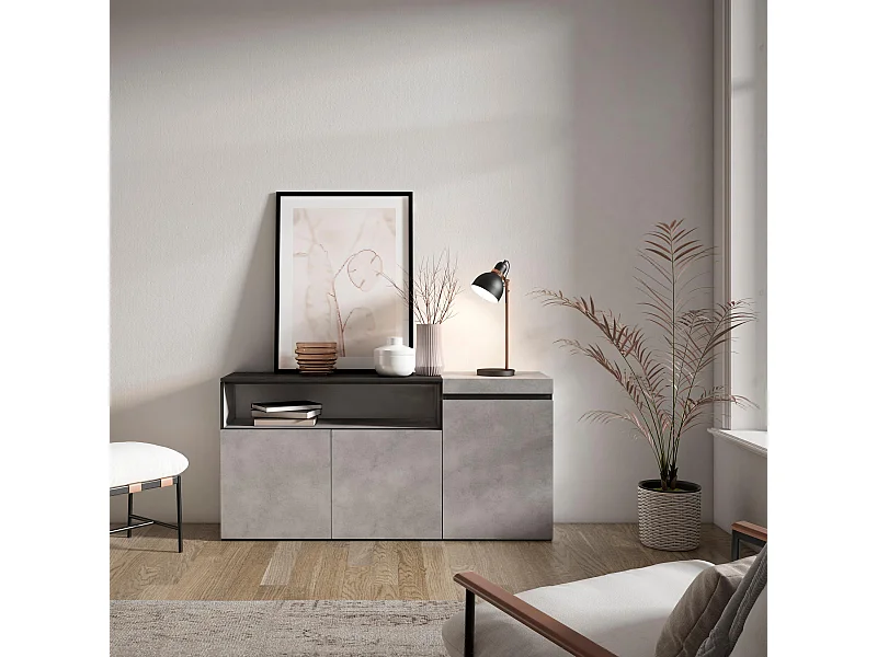 Buffet salon et cuisine, 150x35x75cm, 3 Portes, Meuble chaussure, Ciment