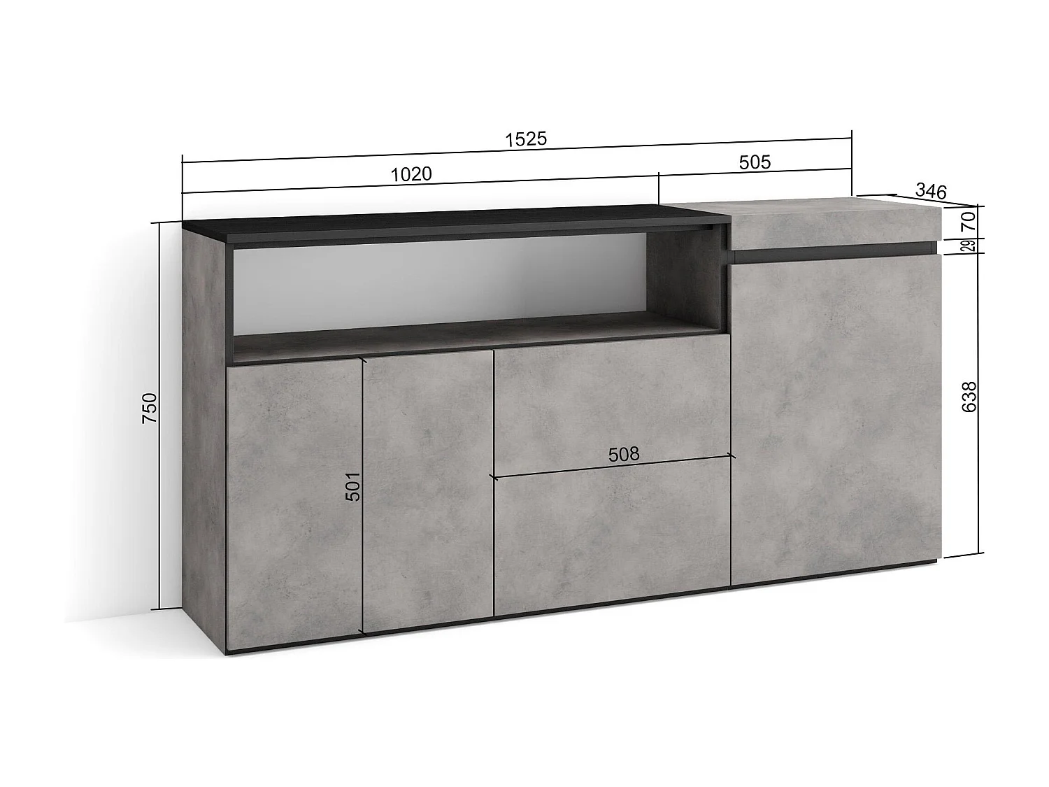 Dressoir, Opbergkast, 150x35x75cm, 3 Deuren, Woonkamer, hal, Cement