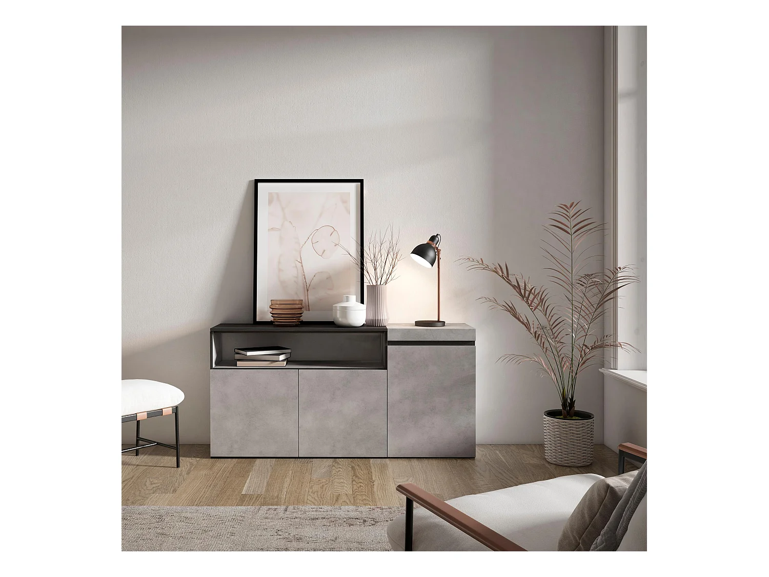 Dressoir, Opbergkast, 150x35x75cm, 3 Deuren, Woonkamer, hal, Cement