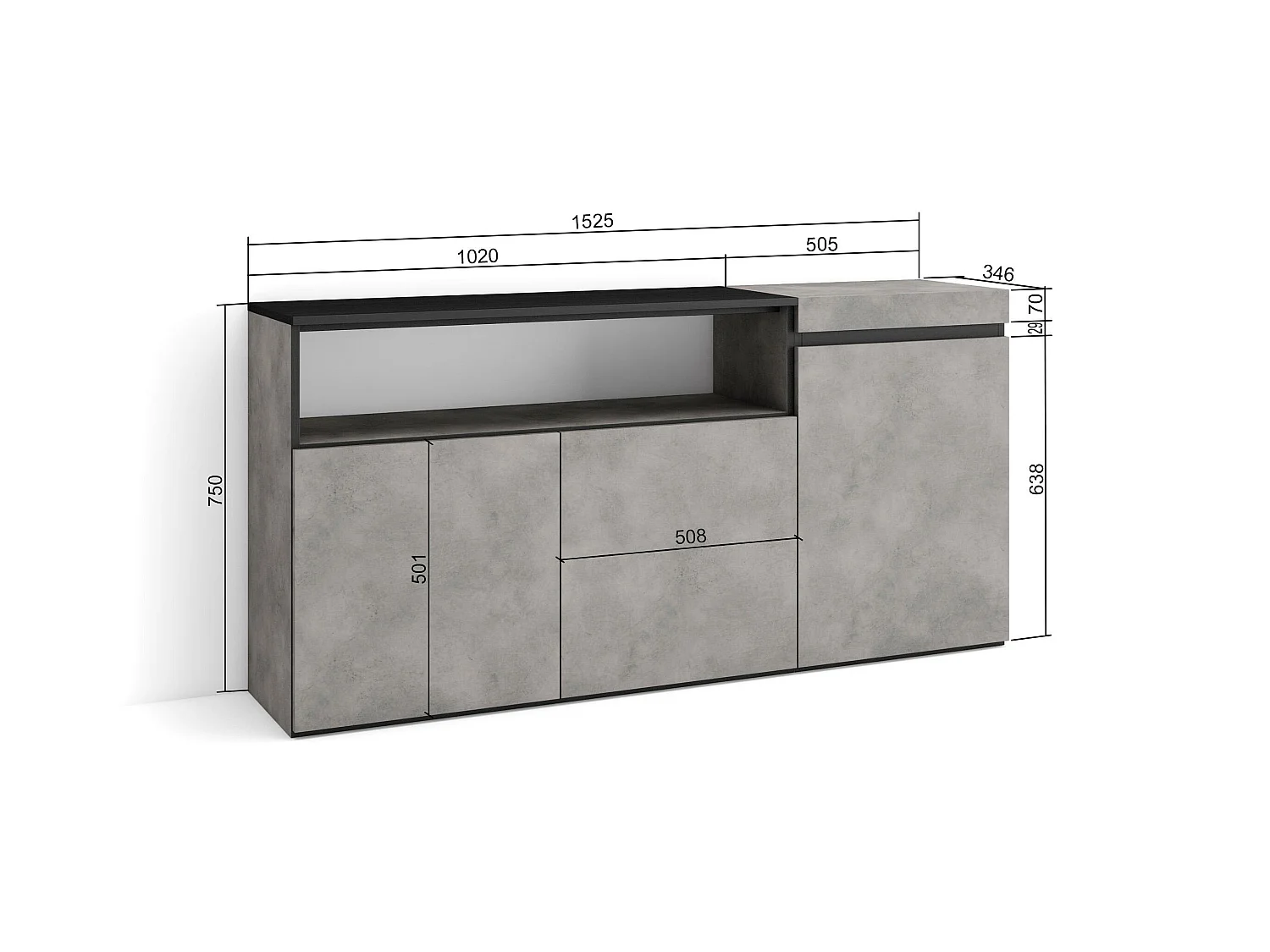 Dressoir, Opbergkast, 150x35x75cm, 3 Deuren, Woonkamer, hal, Cement