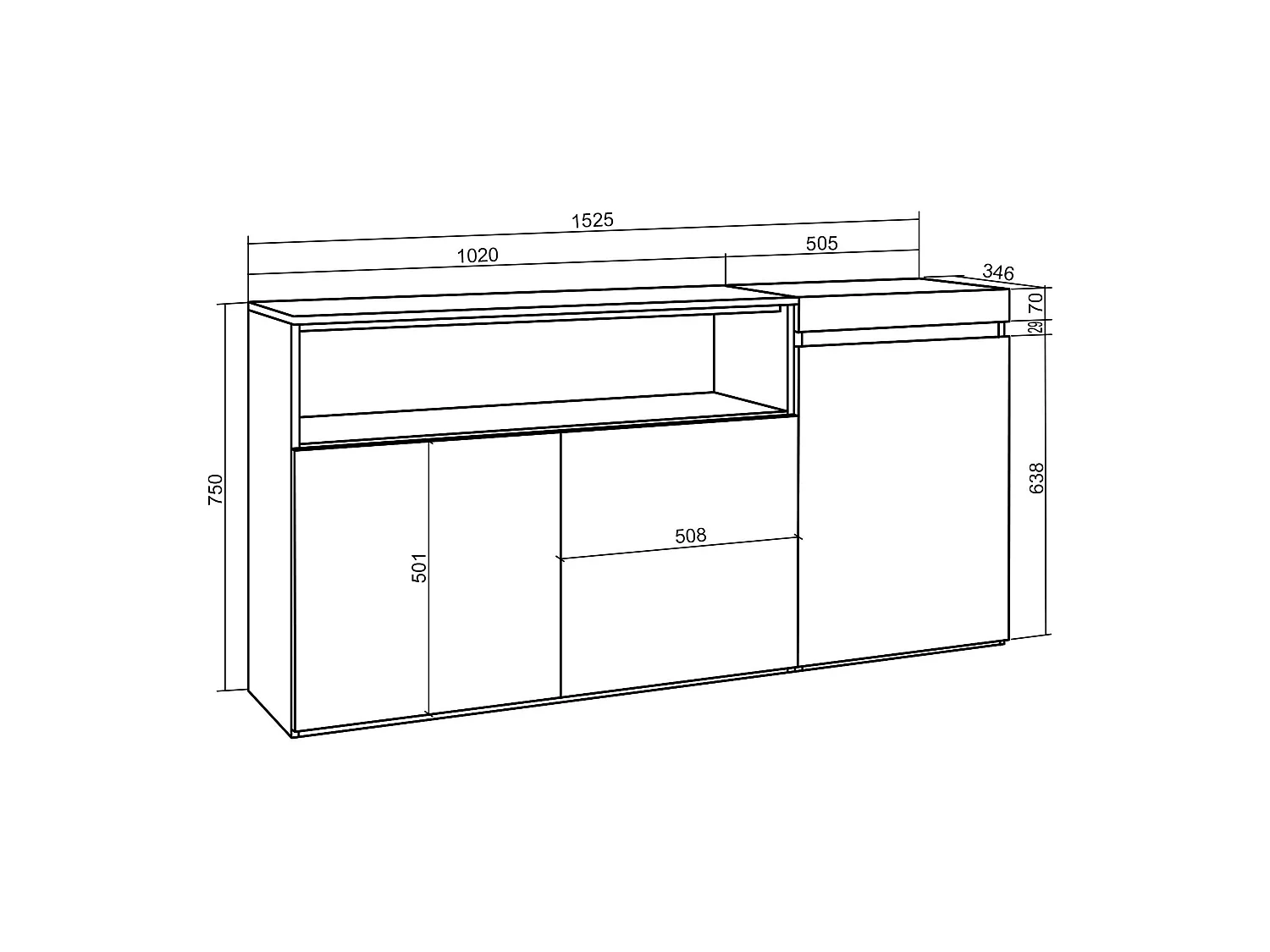 Dressoir, Opbergkast, 150x35x75cm, 3 Deuren, Woonkamer, hal, Cement