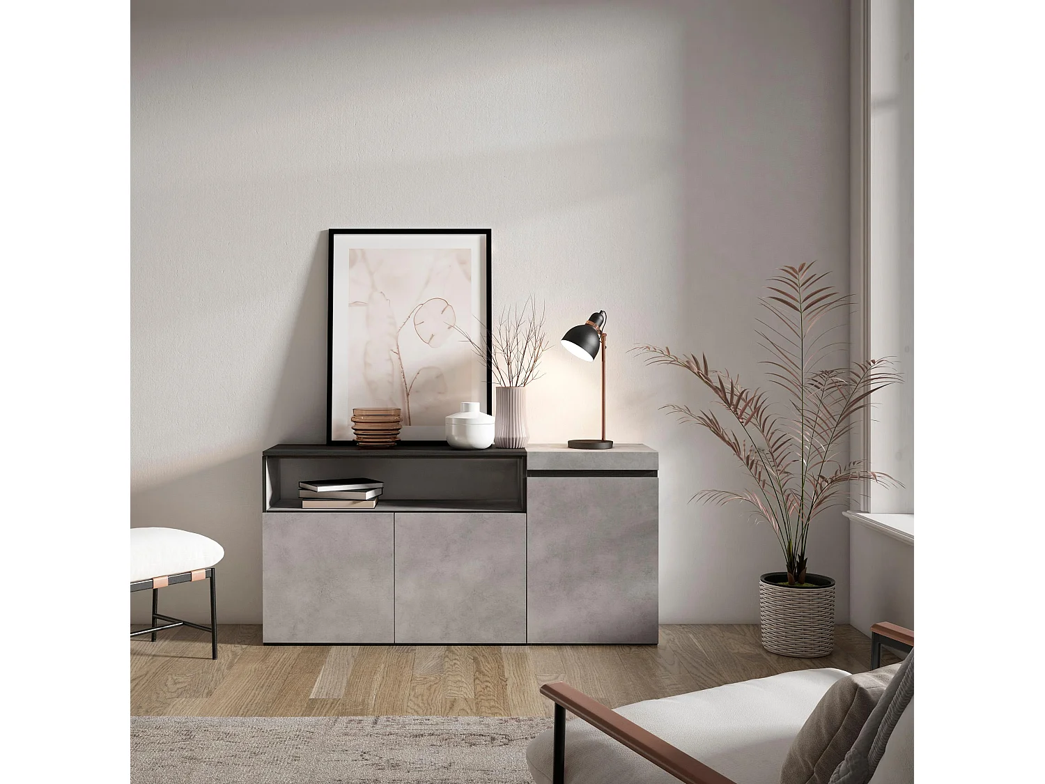 Buffet salon et cuisine, 150x35x75cm, 3 Portes, Meubles à chaussures, Ciment