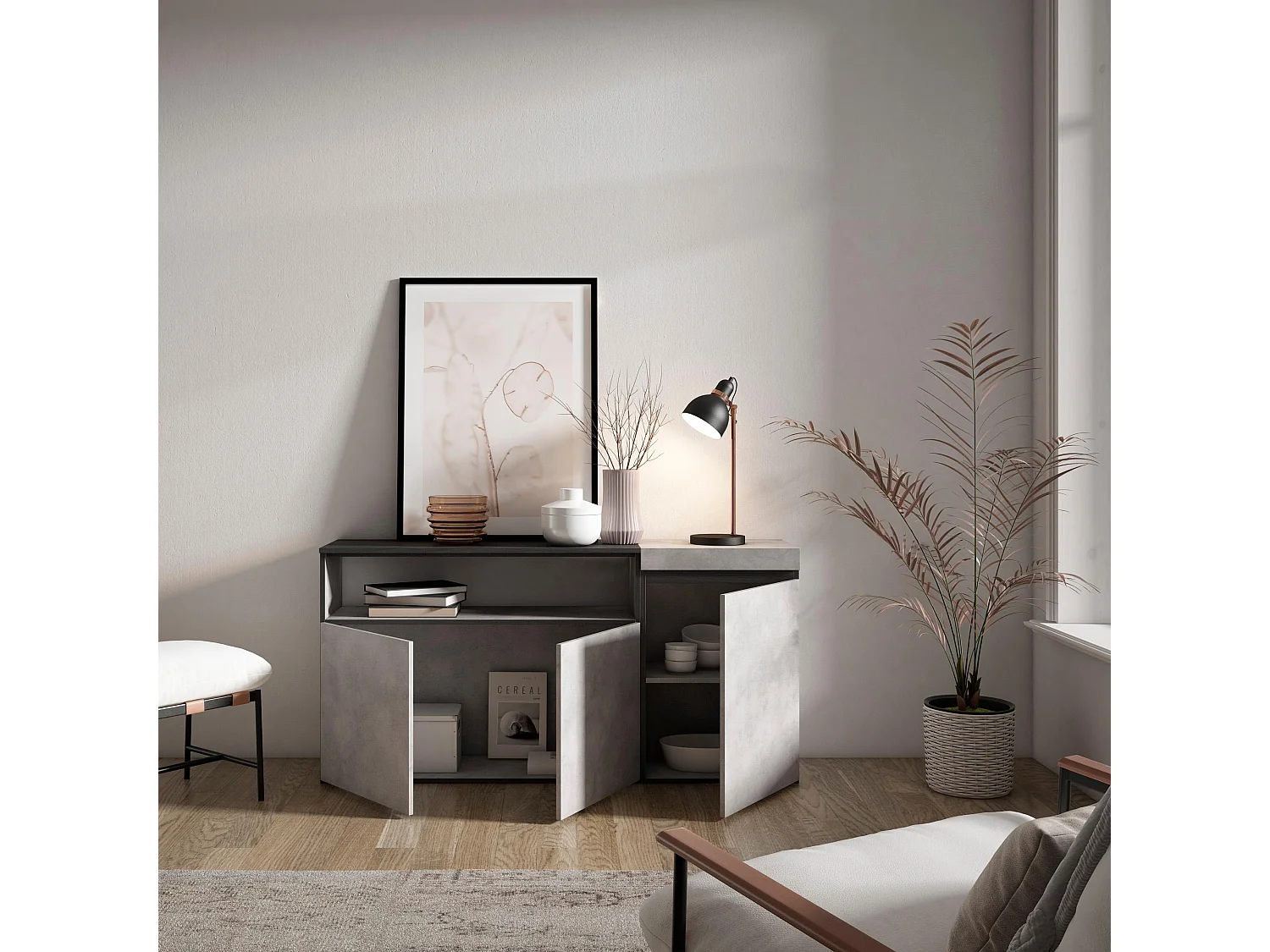 Buffet salon et cuisine, 150x35x75cm, 3 Portes, Meubles à chaussures, Ciment