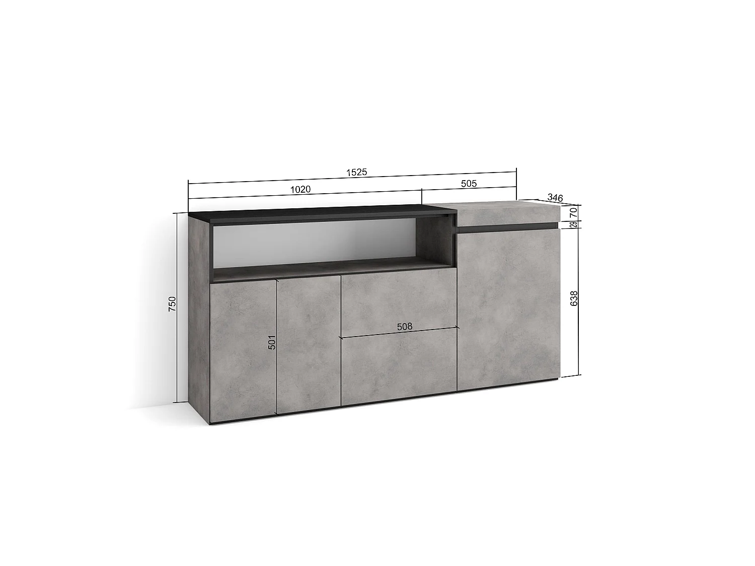 Buffet salon et cuisine, 150x35x75cm, 3 Portes, Meubles à chaussures, Ciment