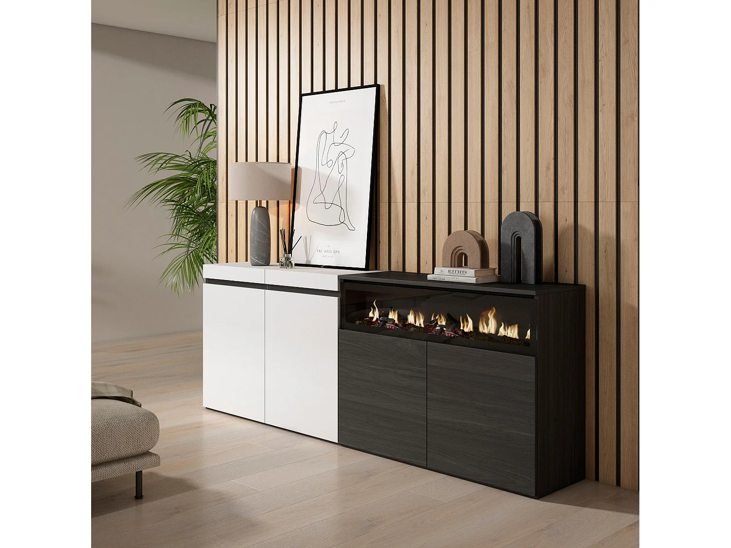 Sideboard, Highboard, 200x35x75cm, 4 Türen, Elektrokamin. Maße, Weiß und Schwarz