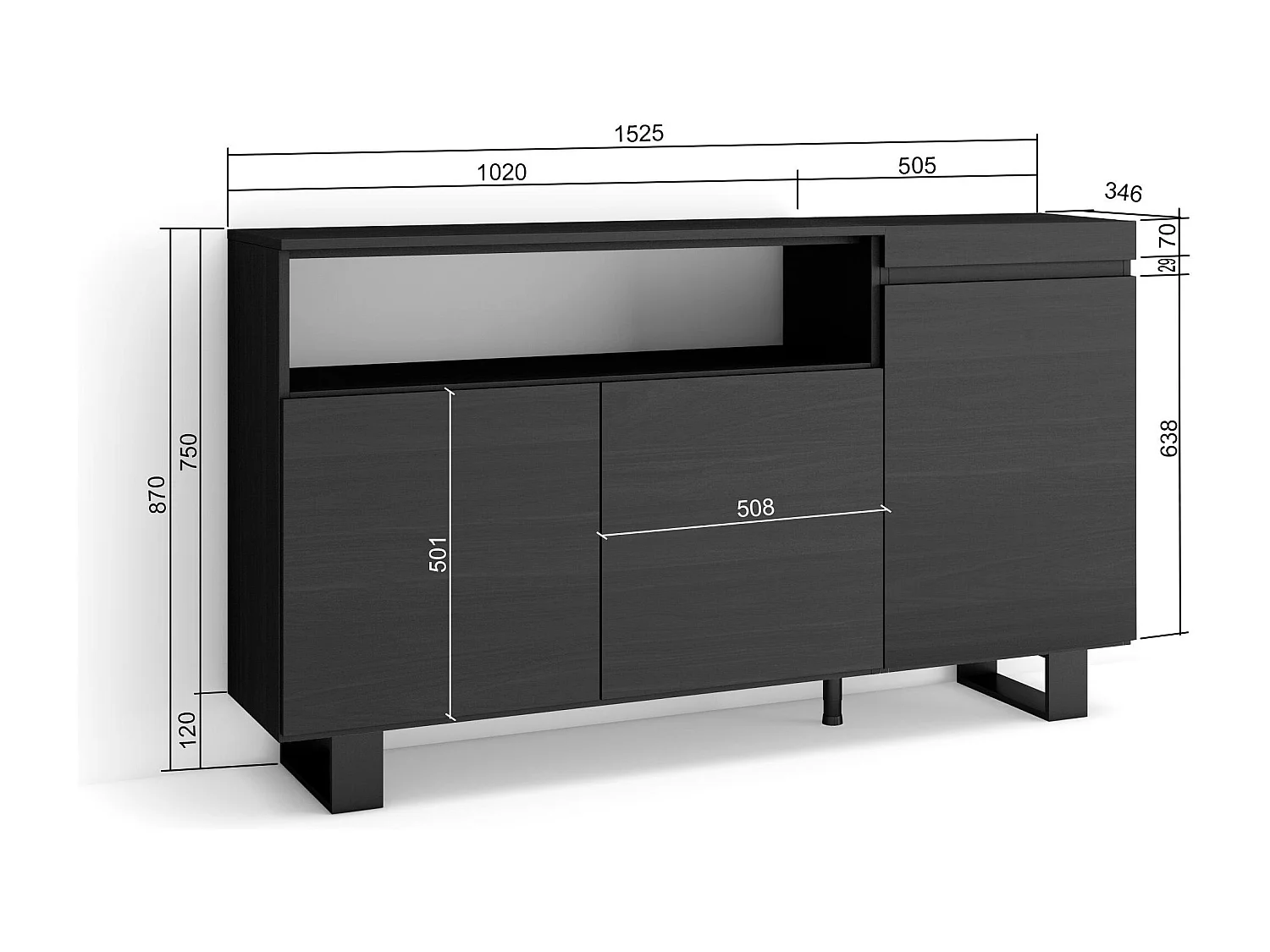 Buffet salon et cuisine, 150x35x87cm, 3 Portes, Design industriel, Noir