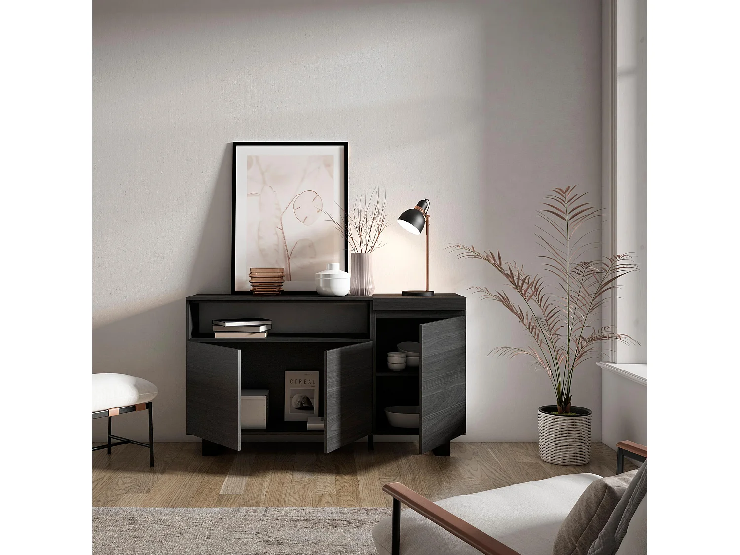 Aparadores para salón, 150x35x87cm, 3 Puertas, Diseño industrial, Negro