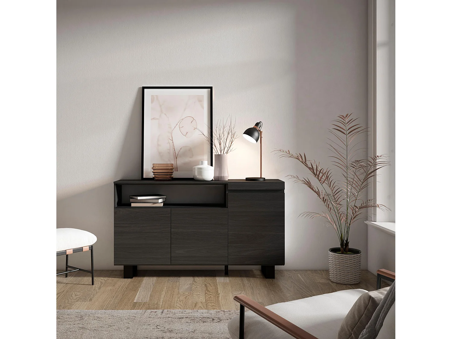 Aparadores para salón, 150x35x87cm, 3 Puertas, Diseño industrial, Negro