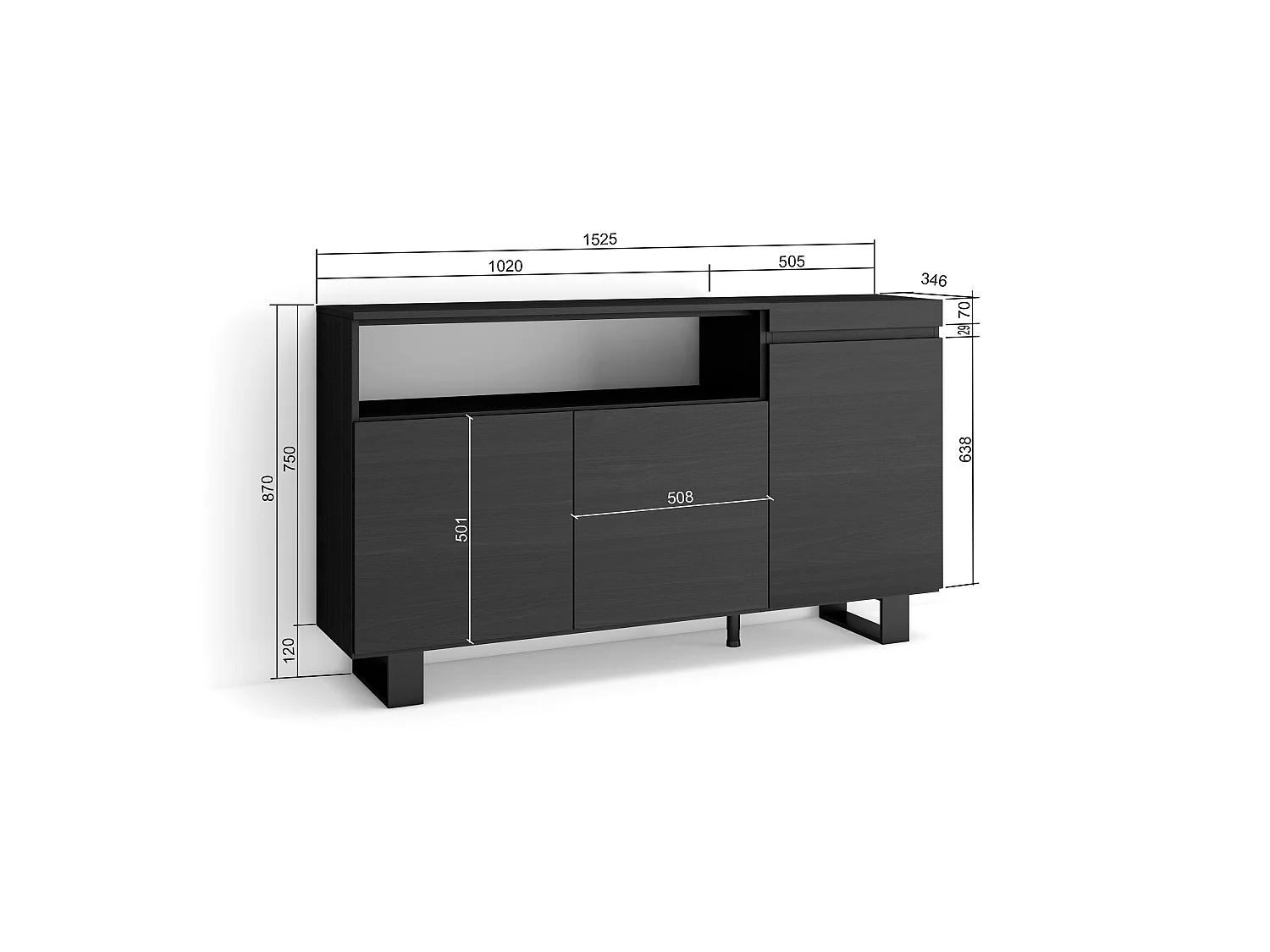 Aparadores para salón, 150x35x87cm, 3 Puertas, Diseño industrial, Negro
