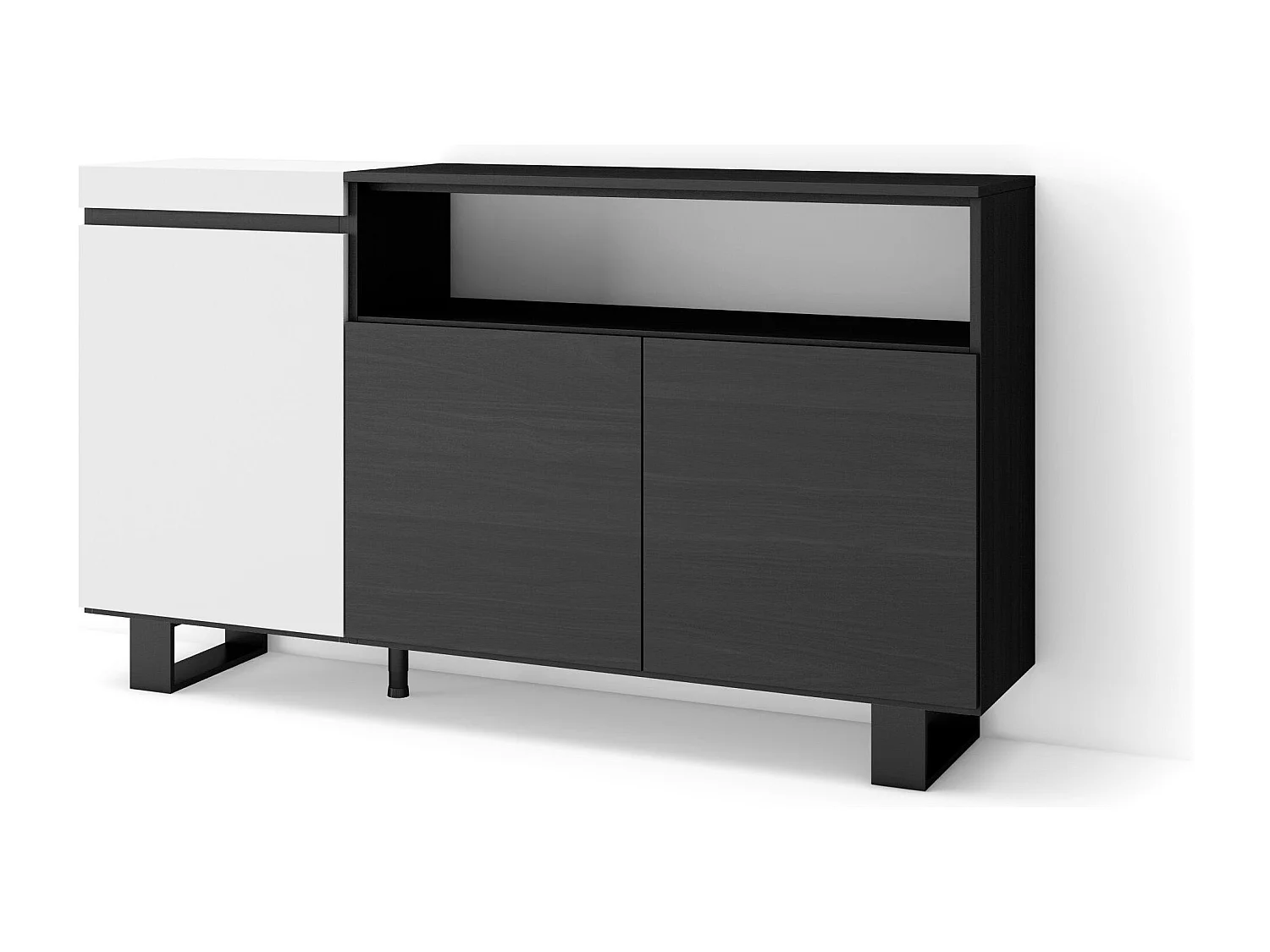 Dressoir, Opbergkast, 150x35x87cm, 3 Deuren, Industrieel design, Wit en Zwart