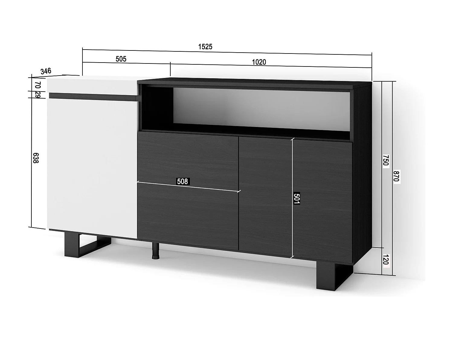 Dressoir, Opbergkast, 150x35x87cm, 3 Deuren, Industrieel design, Wit en Zwart