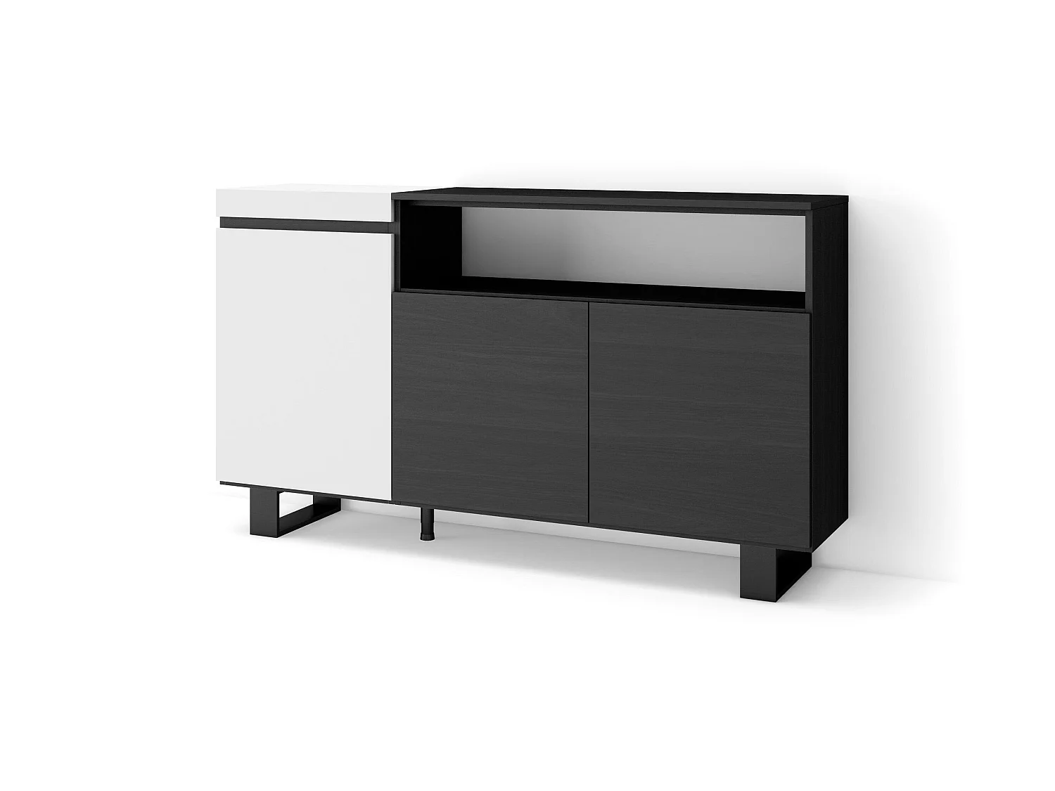 Dressoir, Opbergkast, 150x35x87cm, 3 Deuren, Industrieel design, Wit en Zwart