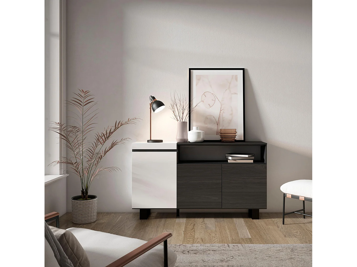 Aparadores para salón, 150x35x87cm, 3 Puertas, Diseño industrial, Blanco y negro