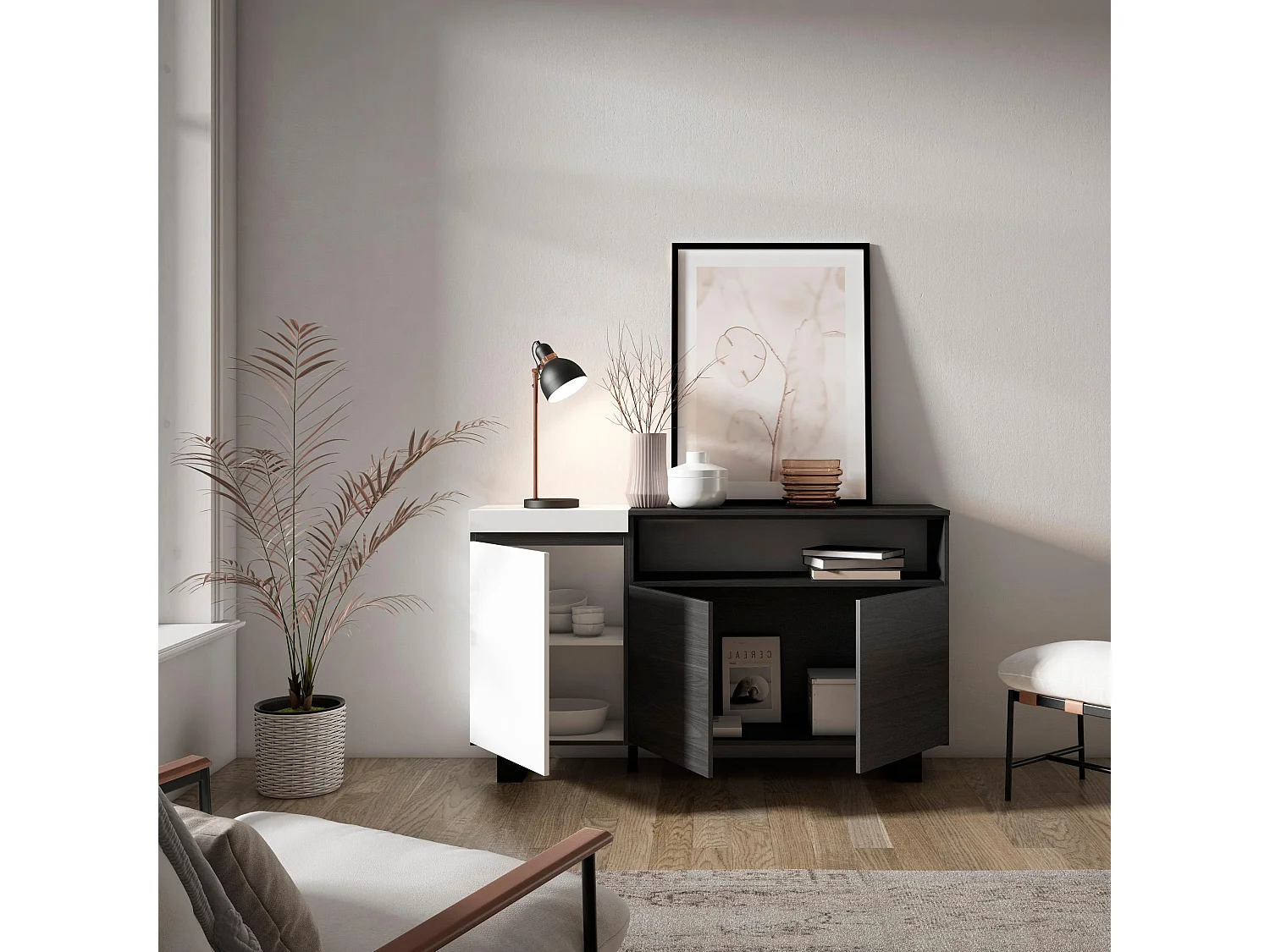 Aparadores para salón, 150x35x87cm, 3 Puertas, Diseño industrial, Blanco y negro