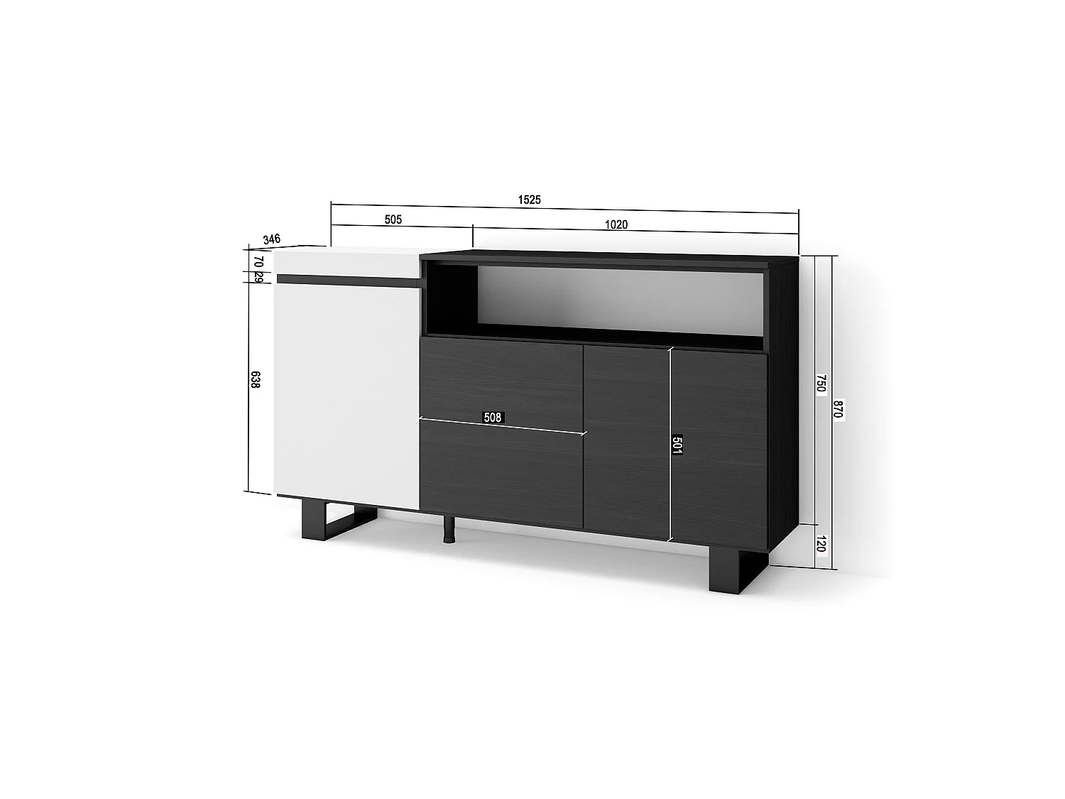 Aparadores para salón, 150x35x87cm, 3 Puertas, Diseño industrial, Blanco y negro