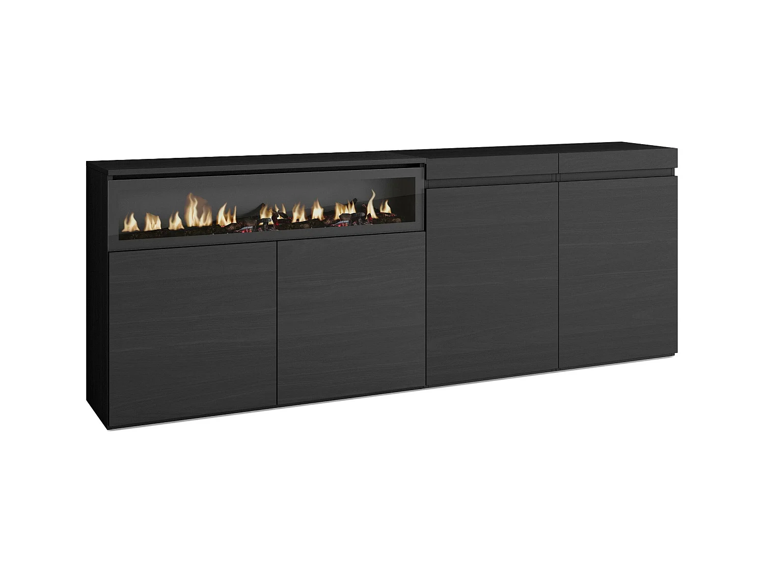 Buffet salon et cuisine, 200x75x35cm, 4 Portes, Cheminée électrique, Noir