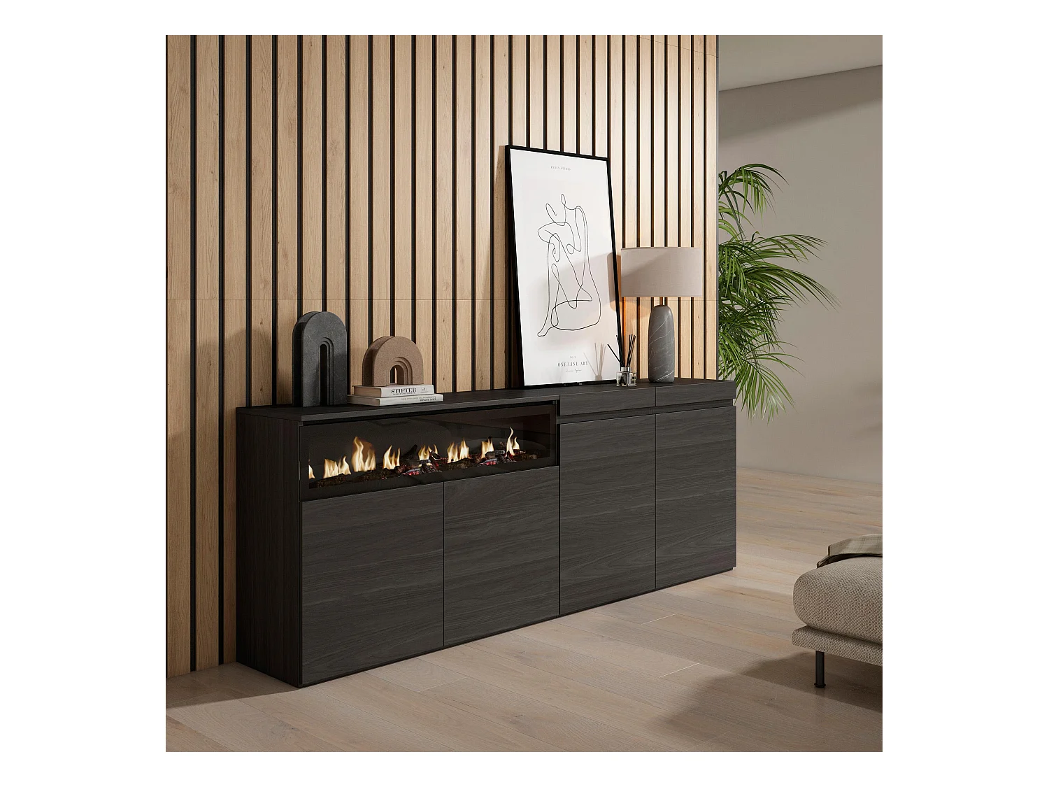 Buffet salon et cuisine, 200x75x35cm, 4 Portes, Cheminée électrique, Noir