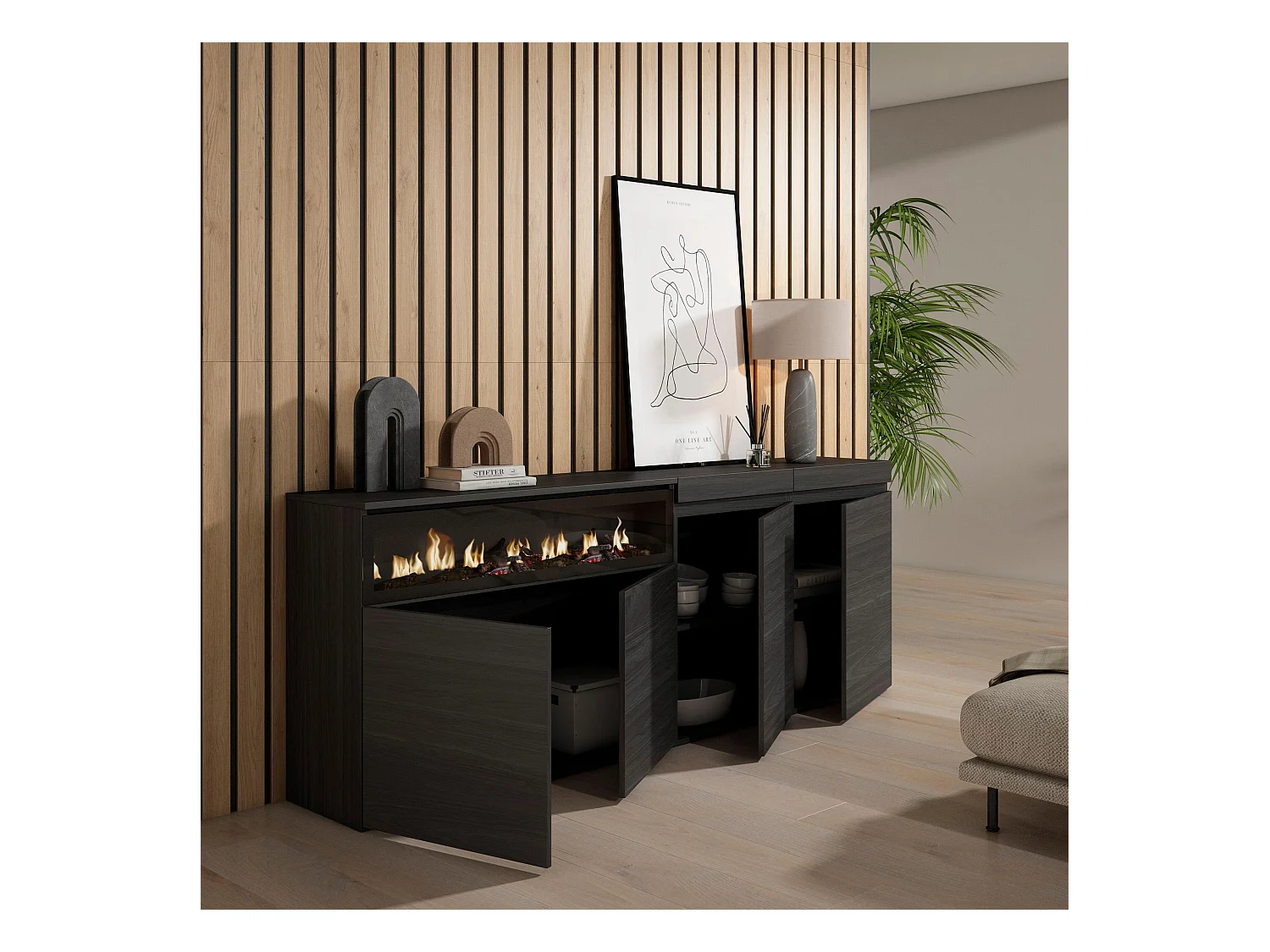 Buffet salon et cuisine, 200x75x35cm, 4 Portes, Cheminée électrique, Noir