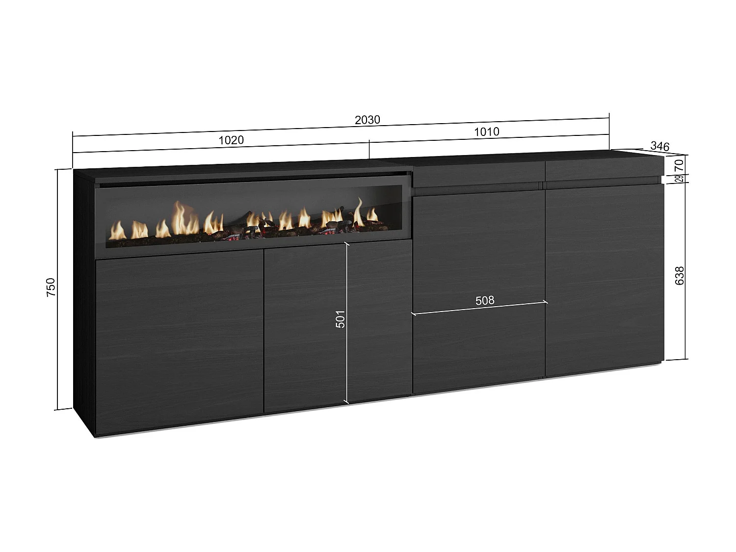 Buffet salon et cuisine, 200x75x35cm, 4 Portes, Cheminée électrique, Noir