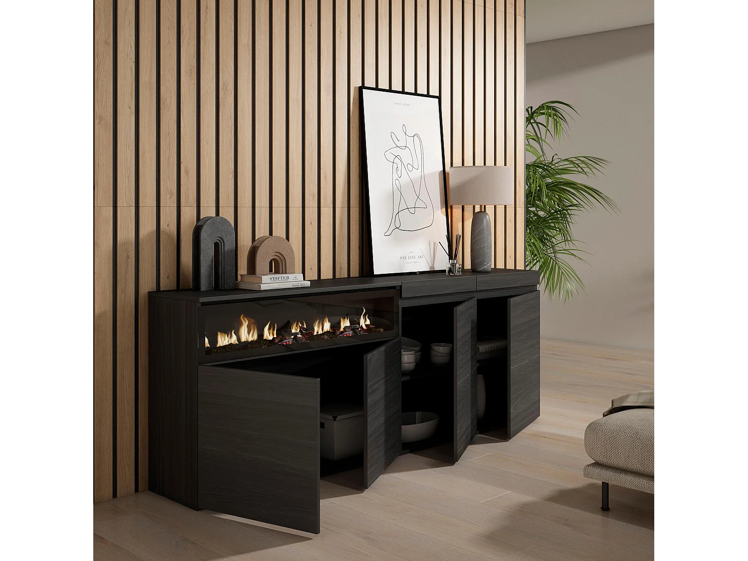 Buffet salon et cuisine, 200x35x75cm, 4 Portes, Cheminée électrique, Noir