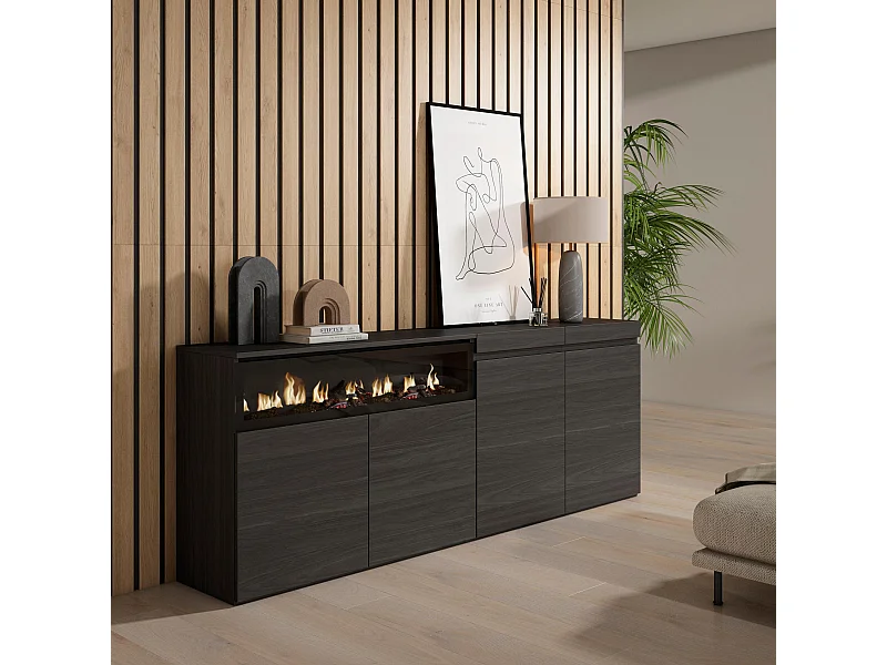 Sideboard, Highboard, 200x35x75cm, 4 Türen, Elektrokamin, Schwarz