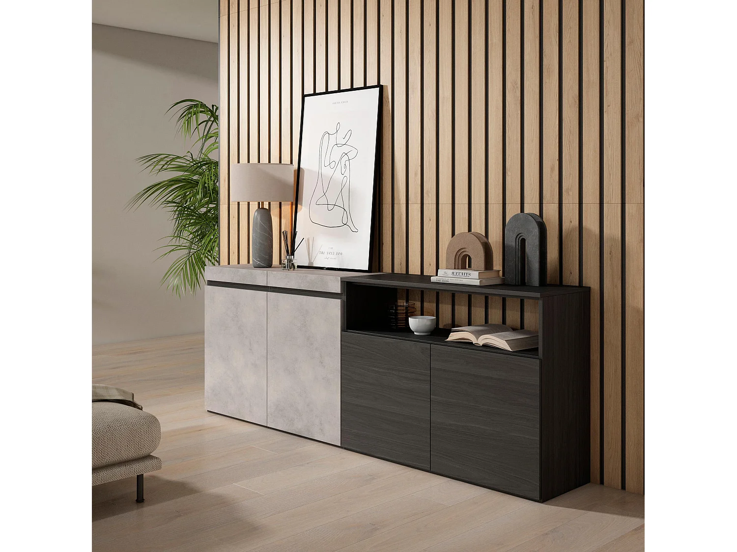 Buffet salon et cuisine, 200x75x35cm, 4 Portes, Meuble chaussure, Ciment